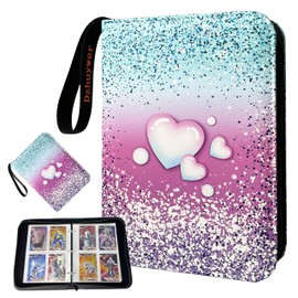 Dzhuywer Trading Card Binder for 4-Pocket 480 Cards with 60 Removable Sleeves with Protection Zipper Easy Carrying Wristband, Portable Trading Card Albums for Boys Girls Gifts, Pink Love