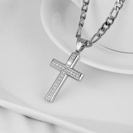 HZMAN 24K Gold-Plated Solid CZ Cross Necklace for Men Women Stainless Steel Religion Jewelry with 24 Inch Figaro Chain (Silver)