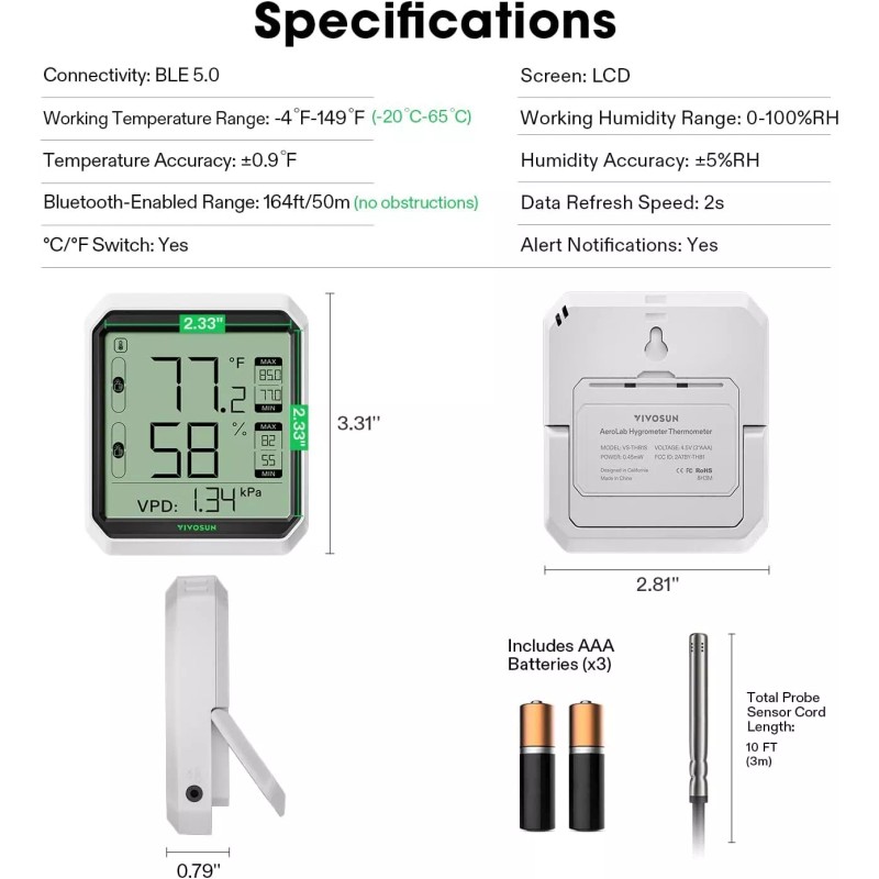 VIVOSUN Bluetooth Hygrometer Thermometer VPD Temp Humidity Meter w/ Sensor