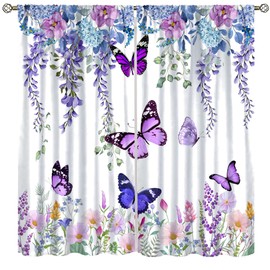 Butterfly Blackout Curtain,Spring Purple Floral Lavender Leaves Window Treatment Curtains for Living Room Kitchen Cafe Bedroom Dining Room Office Drapes Decor,42x45 in