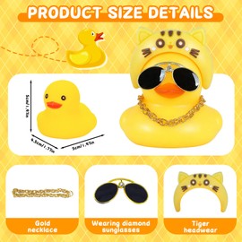 BOZILY Yellow Rubber Duck with Tiger Headband, Sunglasses, Gold Necklace & Stickers, Squeaky Duck for Car Dashboard Decoration, Party Favors, Creative Gifts