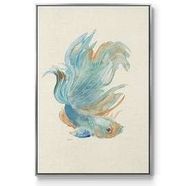 Renditions Gallery Canvas Wall Art Silver Floating Frame Prints Beautiful Blue Orange Betta Fish Abstract Watercolor Paintings for Office Bedroom Kitchen Walls - 17"X25" LT545