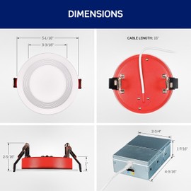 Leviton in. 2 Hour Fire-Rated Round Baffle Slim LED Canless Downlight, 1000 Lumens, 5 CCT Color Selectable 2700K-5000K, Dimmable, IC Rated, 4