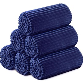 Buryeah 6 Pcs Flannel Throw Blanket Bulk 50 x 60 Inch Sleepover Blankets Wedding Throw Soft Lightweight with Striped Ribbed for Sofa Room Couch Donation Homeless Gifts (Navy)