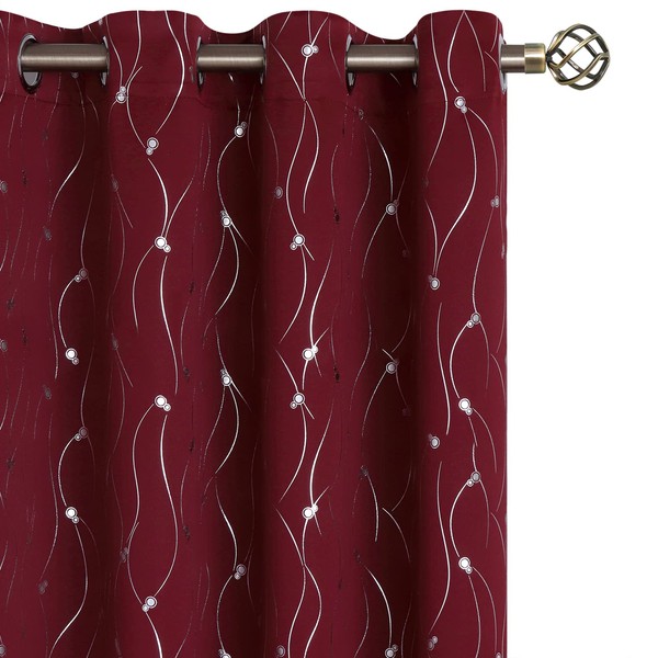 BGment Blackout Curtains 63 Inch Length 2 Panels Set Grommet Thermal Insulated Room Darkening Window Curtains with Wave Line and Dots Printed for Bedroom, 52 x 63 Inch, Burgundy Red