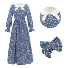 LTAKK Colonial Dress Women Prairie Pioneer Dresses Floral Pilgrim Costume, Blue, Small