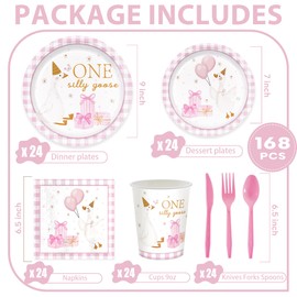 168pcs One Silly Goose Party Supplies Paper Plates Napkins Cups Goose Theme Disposable Tableware Set Silly Goose Birthday Party Decorations for Girls 1st Birthday 24 Guests