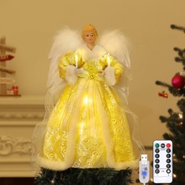 Lewondr Christmas Tree Topper Angel, 12'' Angel Tree Topper with 8 Lights, Remote & USB Operated Angel Treetop Figurine with Wings, 6H Timer Xmas Tree Decor for Holiday Home Ornament, Gold