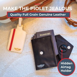 Expandable Full Grain Leather Passport Holder for Travel Family with Hidden AirTag Holder - RFID Protected Travel Wallet Passport Cover for Men Women with Free Lost & Found Service (Black)