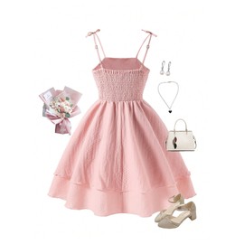 SHENHE Girl's Summer Smocked Ruched A Line Layered Ruffle Flowy Tie Bow Cute Cami Dress Pink 11Y