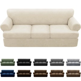 Pfrstuv 4-Pieces T Cushion Sofa Slipcovers Leather Look Couch Cover for 3 Cushion Couch Furniture Protector Stretch Sofa Cover with 3 Individual T Cushion Seat Covers Washable, Beige
