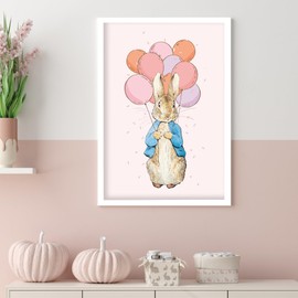 Themed Peter Rabbit Print - Peter and Bunch of Balloons Pink Nursery Wall Art (A3-29.7cm x 42cm)