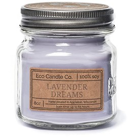 Eco Candle Co. Mason Jar Candle, Lavender Dreams, 8 oz. - Scents of Lavender, Lilac, Sage, & Mimosa - 100% Soy Wax, No Lead, Kraft Label & Antiqued Pewter Lid, Hand Poured, Midwest Grown Soybeans