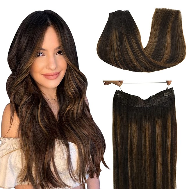 GOO GOO Human Hair Extensions Halo Hair Balayage Dark Brown to Chestnut Brown Straight 20 Inch 110g Natural Real Hair Extensions Hidden Crown Wire Extensions Invisible Hairpiece Transparent Fish Line