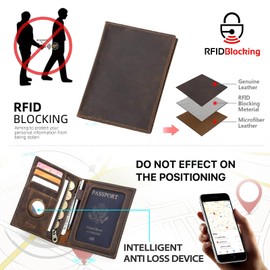 Contacts Full Grain Leather Airtag Passport Holder RFID Blocking Travel Passport Wallet Slim Passport Cover Case with 4 Cards Slots, Coin Pocket (Dark Brown-s)