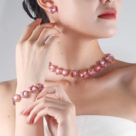HaHaGirl Faux Crystal Heart Jewelry Sets Includ Pink Necklace Bracelet earrings