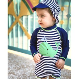 uideazone Striped Bathing Suit for Baby Boys 12-18 Months Long Sleeve Zipper Rashguard Whale One Piece Whale Swimwear with Sun Hat