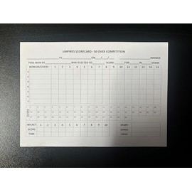 Cricket Umpire Match Card 50 Overs Per Innings 15 Overs Per Bowler (25 cards)