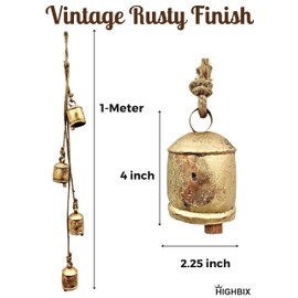 HIGHBIX Harmony 4 Cow Bells Cluster on Rope Large Rustic Vintage Lucky Cow Bells On Rope Wall Hanging Décor (Gold)