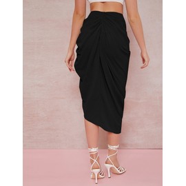 WDIRARA Women's Split Thigh Front Satin High Waist Ruched Zip Back Bodycon Midi Skirt Black M