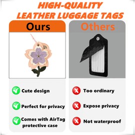 Cute Leather Luggage Tag Holder with Airtag Case Set,Hidden Compartment for AirTag Travel Suitcase Tracking Case with Stainless Steel Loop,Name ID Label(Purple Cherry Blossoms)