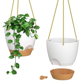 ZMTECH 6.5 Inch Hanging Planters for Indoor Outdoor Plants, 2 Pack Self Watering Hanging Plant Pots with Drainage Holes and Removable Saucer, Plastic Flower Hanging Pots with Watering Lip (White)