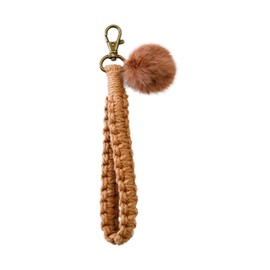 Handmade Boho Macrame Keychain Soft Flower Pom Pom Wristlet Keychain Bracelet Keyring Holder Wrist Lanyard For Women(Pom Pom Khaki)