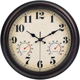 45MinST 13 Inch Red-Brown Vintage Waterproof Wall Clock with Thermometer & Hygrometer, Large Silent Numerals & Accurate Timekeeping for Indoor & Outdoor(Garden,Porch,Pool)