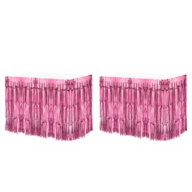 MECCANIXITY 2 Pcs 29x108 Inch Pink Metallic Foil Fringe Tinsel Table Skirts for Rectangle Tables Tinsel Backdrop Curtain for Wedding Birthday Party Decoration