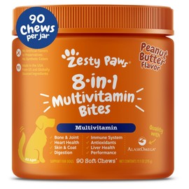 Zesty Paws Multivitamin Treats for Dogs, Glucosamine Chondroitin Joint Support + Digestive Enzymes & Probiotics, Grain Free Dog Vitamins and Supplements for Skin & Coat, Peanut Butter - 90ct