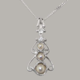 925 Sterling Silver Cultured Pearl & Diamond Womens Bohemian Pendant & Chain Necklace - Chain length 18