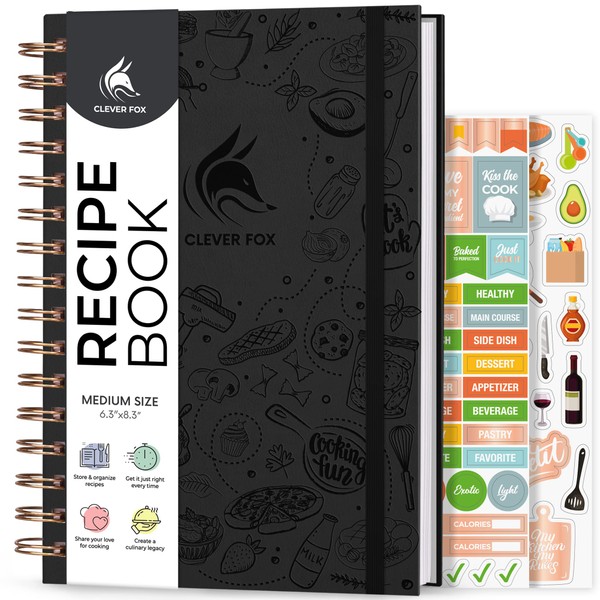 Clever Fox Recipe Book Spiral – Blank Family Cookbook – Empty Cooking Journal – Notebook Organizer to Write in Recipes – Medium (Black)