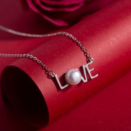 Mom Love Pendant Necklaces for Women 925 Sterling Silver Genuine Freshwater Pearl Necklace Party Gifts (Rhodium Plated LOVE)