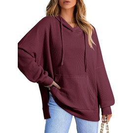 Dokotoo Long Sleeve Hoodies for Women Oversized Autumn Waffle Knit Solid Color Sweatshirt for Women Trendy Loose Fit Drawstring Hooded Sweatshirts Fall Outfits Red XX-Large