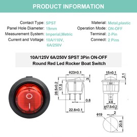 QTEATAK KCD1 On/Off 3-Pin 2-Position Snap 10A/125V, 6A/250V Red LED Round Boat Rocker Switch-5Pack