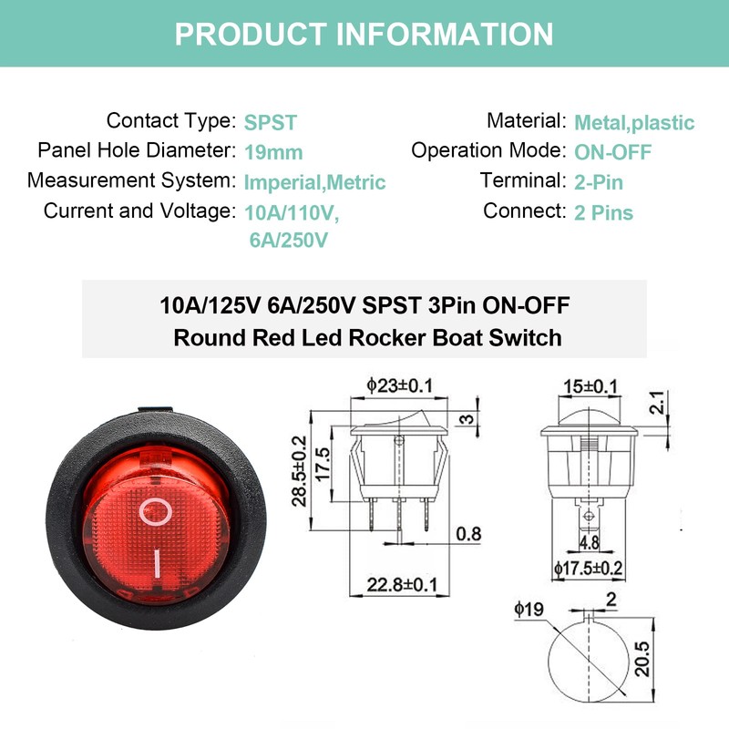 QTEATAK KCD1 On/Off 3-Pin 2-Position Snap 10A/125V, 6A/250V Red LED