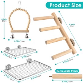 DBNESS 4Pcs Bird Perches Toys, Stainless Steel Perch Platform (2 Sizes), Natural Wood Parrot Climbing Ladder & Swing with Bell, Play Gym Cage Accessories for Budgie Cockatiel Lovebird Canary Conure