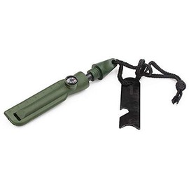 Fire Starter Flint for Survival Camping Outdoor Bushcraft in Plastic Housing with Metal Scraper, Compass, Bottle Opener - Green/Olive