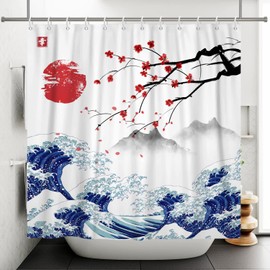 SDOTPMT 105x160cm Japanese Mount Fuji Shower Curtain Cherry Blossom Sunset Asian Ink Painting Bath Curtain Wave Landscape Painting Bathtub Curtain for Bathroom Decor Fabric Waterproof with Hooks