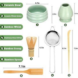 Geebuzz Matcha Whisk Set - Matcha Bowl and Bamboo Matcha Whisk, Scoop, Spoon, Sifter, Whisk Holder, 6pcs Perfect Matcha Starter Kit for Matcha Tea Ceremony (Green)