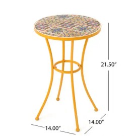 Yellow Outdoor Side Table with Colorful Tile Mosaic Top and Metal Legs