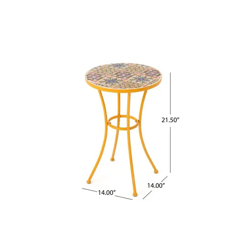 Yellow Outdoor Side Table with Colorful Tile Mosaic Top and
