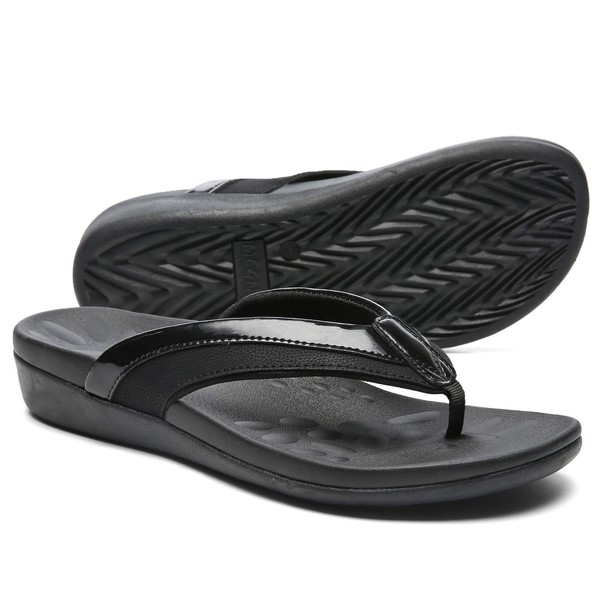 MEGNYA Archies Fit Orthopeic Flip Flops for Women, Soft Plantar Fasciitis Footbed Sandals for Flat Feet, Comfort Thong Slippers with Arch Support Foam for Walking black size 6
