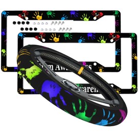 Autism Awareness License Plate Frames & Autism Steering Wheel Cover Fashion Aluminum License Plate Covers Anti-Slip Breathable Steering Wheels Protector with Screws Fasteners Caps for Men Women, 3PCS