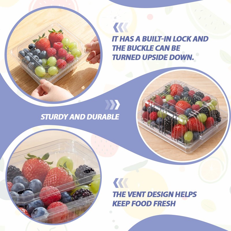 Threehoney 25 Pack Clear Plastic Vented Berry Containers with Clamshell