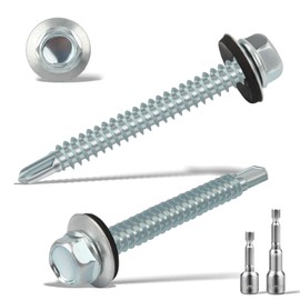 Pack of 75 Trapezoidal Sheet Metal Screws Self-Tapping Screws with Sealing Washer 6.3 x 50 mm + 2 Pieces Hex Bit Socket Set M8 Spengler Screws Galvanised Drilling Screws Metal Roofing Screws (Silver)