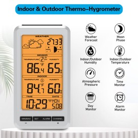 Weather Station Indoor Outdoor Thermometer Humidity Wireless Temperature Humidity Monitor, Weather Thermometer Forecast Station with Alarm Clock and Adjustable Backlight (Orange Backlight)