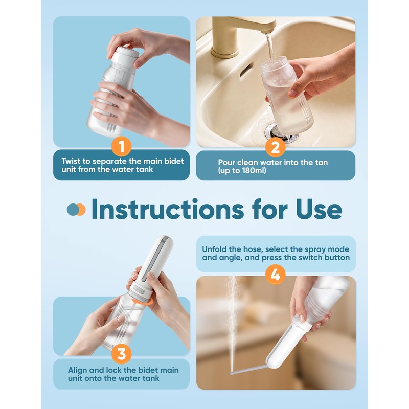 Portable Bidet for Travel, 400ml Portable Electric Travel Bidet Sprayer