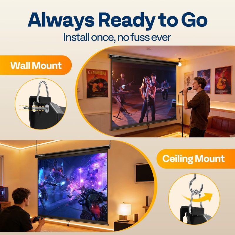 VIVOHOME 120 Inch 1:1 Pull Down Projector Screen, HD 4K
