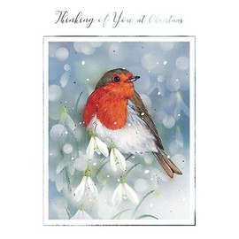 Paper House Artistic Christmas Greeting Card - Thinking of You - Robin and Snowdrops - With Silver Foil Details - From The Great British Card Company